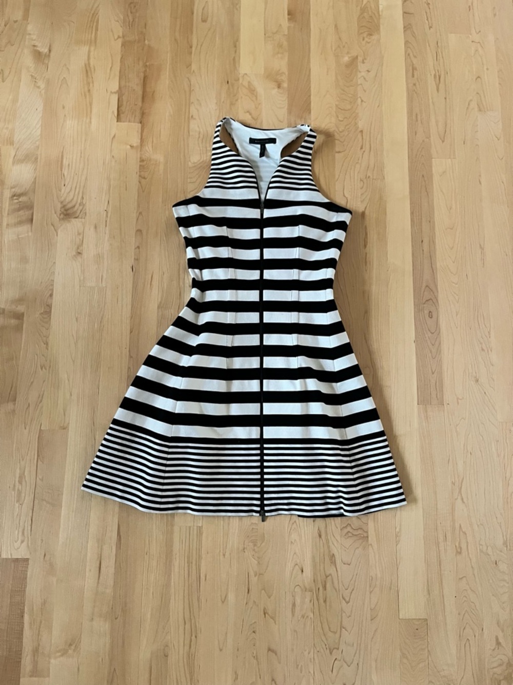 BCBGMaxAzria Black and White Striped Zip-Front Fit & Flare Dress